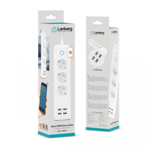Cablu prelungitor de alimentare inteligenta, Lanberg Smart Home WiFi, 3 prize schuko 10 A, 4 x USB 2.1 A, 2300W, cablu 1.5 m, alb [9]