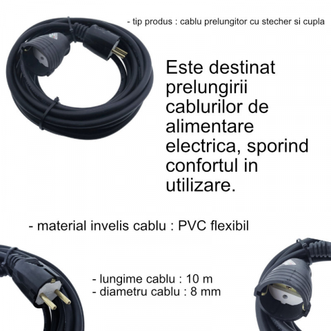 Cablu prelungitor, lungime 10m, pentru alimentare electrica, cu stecher si cupla cauciucate, material bachelita, negru [5]