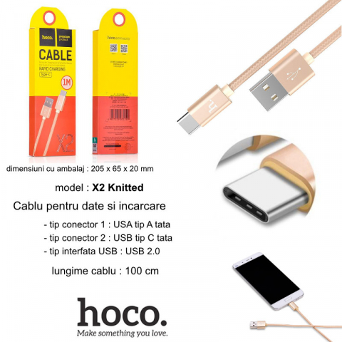 Cablu prevazut cu conectori USB tata si USB tip C tata, Hoco X2 Knitted, 2.4A, lungime 1m, auriu [5]