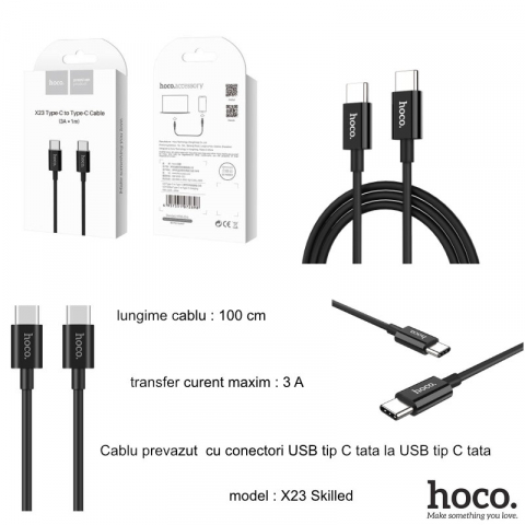 Cablu prevazut cu conectori USB tip C tata la USB tip C tata, Hoco X23 Skilled, 3A, lungime 1m, negru [13]