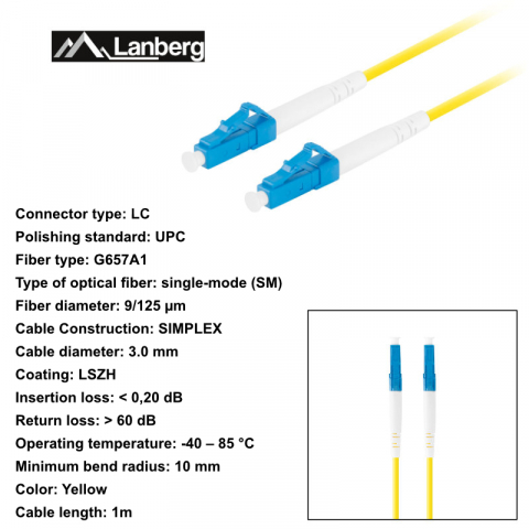 Cablu retea fibra optica cu lungime 1 m si conectori LC/UPC-LC/UPC, Lanberg Z43310, SM, SIMPLEX 3.0MM G657A1 LSZH, galben [5]