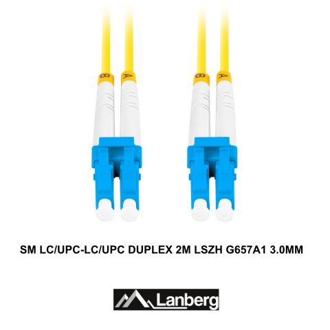 Cablu retea fibra optica cu lungime 2 m si conectori LC/UPC-LC/UPC, Lanberg Z43307, SM, DUPLEX 3.0MM G657A1 LSZH, galben [1]