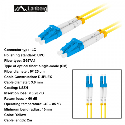 Cablu retea fibra optica cu lungime 2 m si conectori LC/UPC-LC/UPC, Lanberg Z43307, SM, DUPLEX 3.0MM G657A1 LSZH, galben [5]