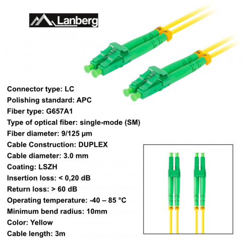 Cablu retea fibra optica cu lungime 3 m si conectori LC/APC-LC/APC, Lanberg Z43320, SM, DUPLEX 3.0MM G657A1 LSZH, galben [5]