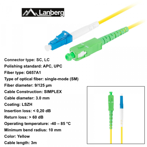Cablu retea fibra optica cu lungime 3 m si conectori LC/UPC-SC/APC, Lanberg Z43304, SM, SIMPLEX 3.0MM G657A1 LSZH, galben [5]