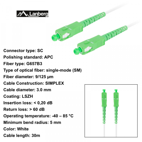 Cablu retea fibra optica cu lungime 30 m si conectori SC/APC-SC/APC, Lanberg Z43078, SM, SIMPLEX 3.0MM G657B3 LSZH, alb [5]