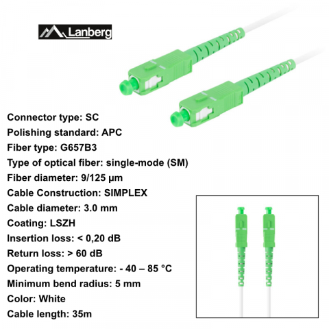 Cablu retea fibra optica cu lungime 35 m si conectori SC/APC-SC/APC, Lanberg Z43079, SM, SIMPLEX 3.0MM G657B3 LSZH, alb [5]