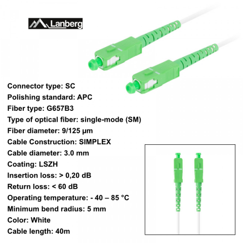 Cablu retea fibra optica cu lungime 40 m si conectori SC/APC-SC/APC, Lanberg Z43080, SM, SIMPLEX 3.0MM G657B3 LSZH, alb [5]