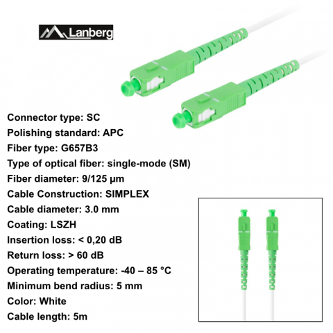 Cablu retea fibra optica cu lungime 5 m si conectori SC/APC-SC/APC, Lanberg Z43073, SM, SIMPLEX 3.0MM G657B3 LSZH, alb [5]