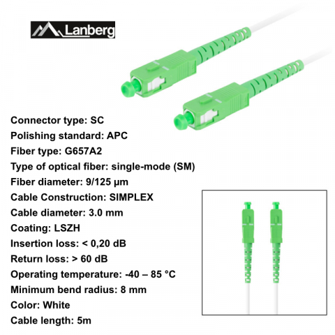 Cablu retea fibra optica cu lungime 5 m si conectori SC/APC-SC/APC, Lanberg Z43083, SM, SIMPLEX 3.0MM G657A2 LSZH, alb [5]