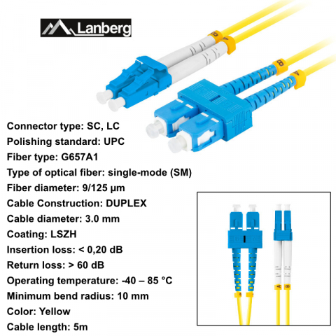 Cablu retea fibra optica cu lungime 5 m si conectori SC/UPC-LC/UPC, Lanberg Z43317, SM, DUPLEX 3.0MM G657A1 LSZH, galben [5]