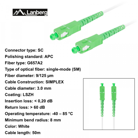 Cablu retea fibra optica cu lungime 50 m si conectori SC/APC-SC/APC, Lanberg Z43091, SM, SIMPLEX 3.0MM G657A2 LSZH, alb [5]