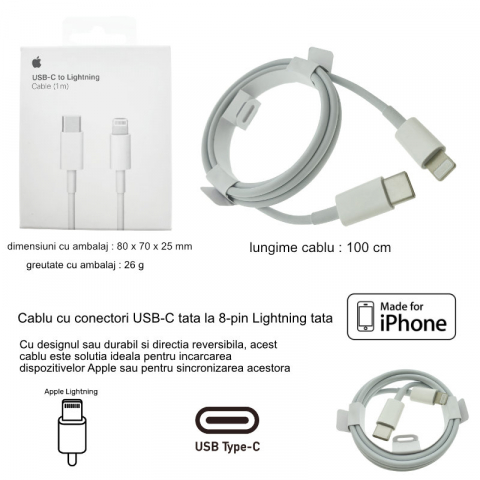 Cablu tip Lightning la USB-C, pentru Apple, A1703, 1m, alb, in blister, A2347 [4]