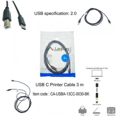 Cablu USB tip C imprimanta USB 2.0, 3 m, Lanberg 42978, USB B la USB-C, negru [5]