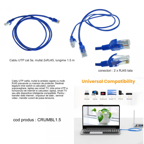 Cablu UTP cat 5e, mufat 2xRJ45, lungime 1.5 m, AWG 26, 100 MHz, de legatura retea, ethernet, albastru [5]