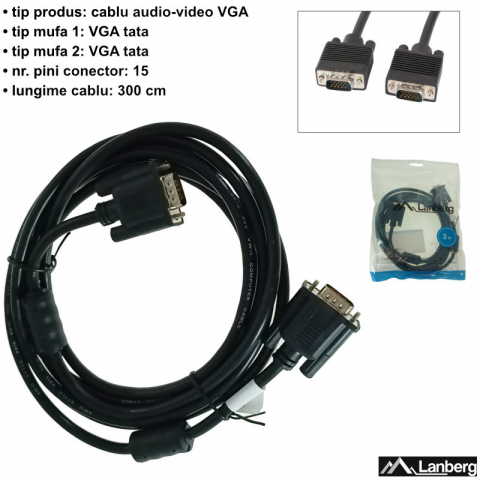 Cablu VGA tata-tata, lungime 3m, Lanberg 41389, ecranare dubla si miez ferita, negru [5]