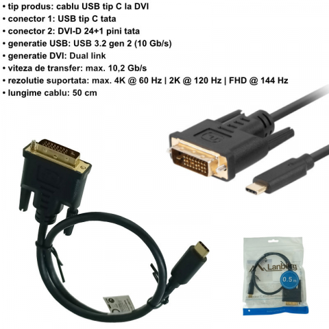 Cablu video USB-C la DVI-D 24+1 pini, 0.5m, tata-tata, dual link, HDR, Lanberg 43683, 4K-60Hz, negru [5]