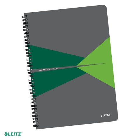 Caiete A4 - Caiet de birou Leitz Office, PP, A4, 90 coli, cu spira, dictando, pentru documente perforate, hartie 80 g/mp, verde