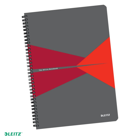 Caiete - Caiet de birou Leitz Office, PP, A4, 90 coli, cu spira, matematica, pentru documente perforate, hartie 80 g/mp, rosu