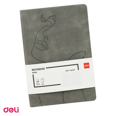 Liniatura Dictando (Linii) A5 - Caiet Deli N126L A5, 96 file, dictando, birou 80 g, coperta imitatie de piele, gri