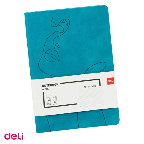 Liniatura Dictando (Linii) A5 - Caiet Deli N126L A5, 96 file, dictando, birou 80 g, coperta imitatie de piele, turcoaz