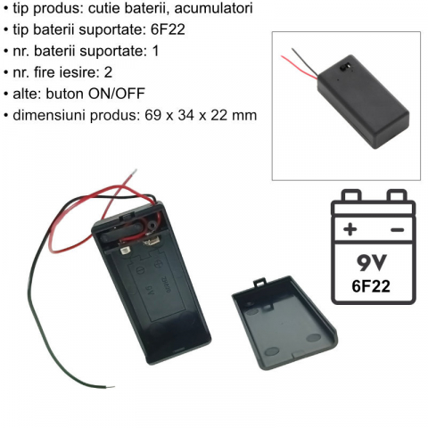 Carcasa cu capac si conectori cu 2 fire, pentru 1 baterie tip 6F22 9V, PR-3142-05021, buton On/Off, neagra [5]