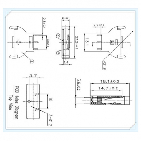 Carcasa cu suport si conectori cu 2 pini pozitivi si un pin negativ, pentru baterie CR2032, 23x21x6mm, din plastic negru [2]