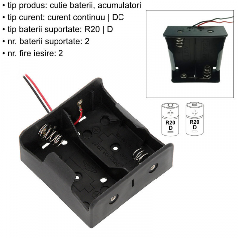 Carcasa suport pentru 2 baterii tip R20/D, PR-3869-04870, conectori cu 2 fire, neagra [5]