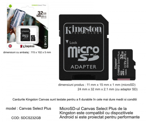 Card de memorie MicroSD Kingston Canvas Select Plus, 32GB, UHS-I, 100MB/s, cu adaptor [8]