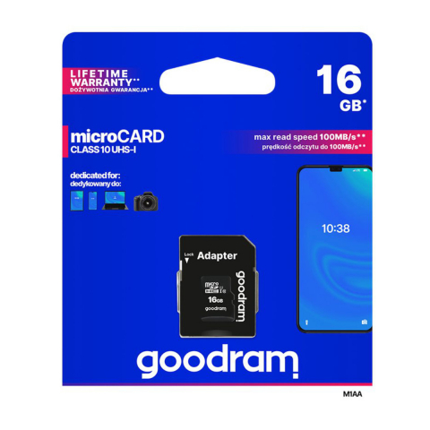 Carduri 16 Gb - Card de memorie microSDHC 16 Gb clasa 10 UHS-I, Goodram, cu adaptor SD