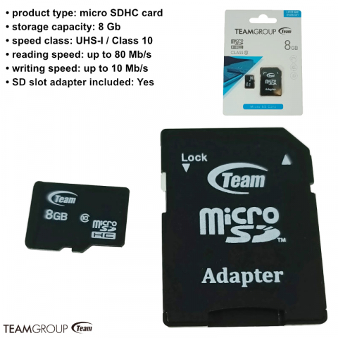 Card de memorie microSDHC 8 Gb, clasa 10 UHS-I, TeamGroup 00169, cu adaptor SD, negru [4]