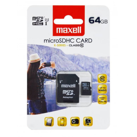 Carduri 64 Gb - Card de memorie microSDXC 64 Gb clasa 10, Maxell, cu adaptor SD, blister