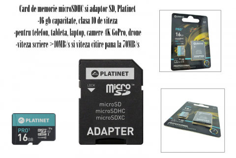 Card microSDHC 16 Gb UHS-I 70MB/S Platinet Pro 44000 , clasa 10, cu adaptor SD [3]