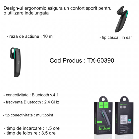 Casca wireless in-ear, Hoco E1, Bluetooth v.4.1 Hands Free, conexiune multipoint, neagra [5]