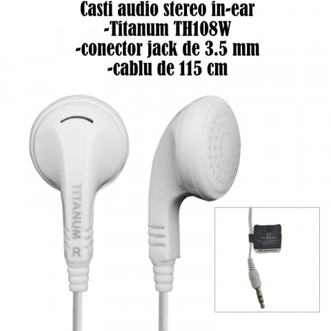Casti audio stereo, in-ear, Titanum 91909, conector jack 3.5mm, cablu 115 cm, albe [4]