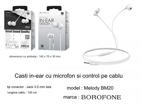 Casti in-ear cu microfon, Borofone Melody BM20, conector tip Jack 3.5 mm, control pe fir, lungime cablu 120 cm, albe [5]