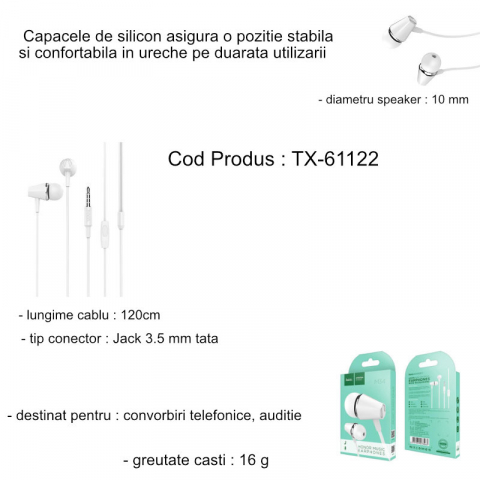 Casti in-ear cu microfon, HOCO Honor M34, conector tip Jack 3.5 mm, control pe fir, lungime cablu 120 cm, albe [10]