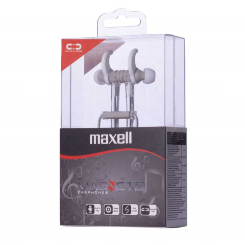 Casti in ear cu microfon, Maxell Magneto, design wing tip cu baza magnetica, jack 3.5mm, cablu plat 125cm, cu suport, albe cu gri [2]