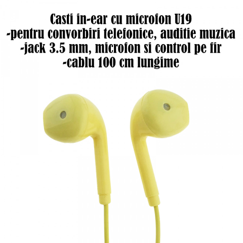 Casti in-ear cu microfon, U19-Y, conector jack 3.5mm, control pe fir, lungime cablu 100 cm, galbene [5]