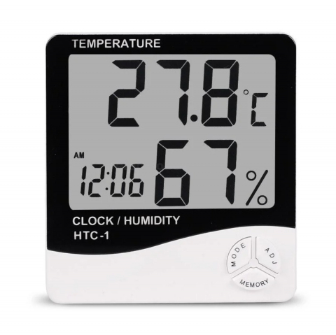 Ceas de birou - Ceas cu alarma, termometru si higrometru, HTC-1, cu suport, ecran LCD, 1 x baterie AAA, alb cu negru