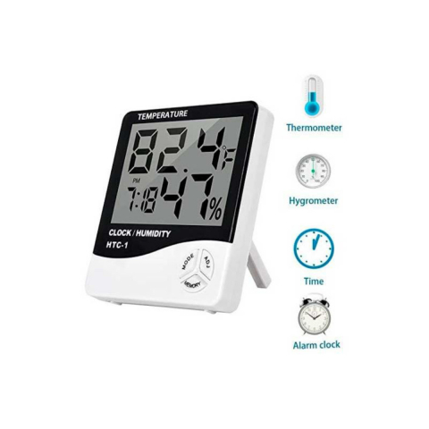 Ceas cu alarma, termometru si higrometru, HTC-1, cu suport, ecran LCD, 1 x baterie AAA, alb cu negru [1]