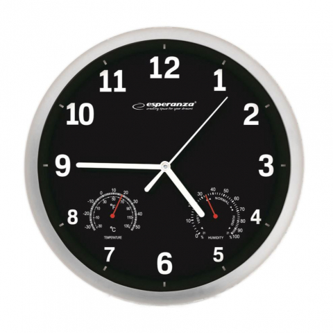 Ceas de perete Esperanza EHC016K,model Lyon,termometru si higrometru,cadran argintiu,fond negru,25 cm [1]