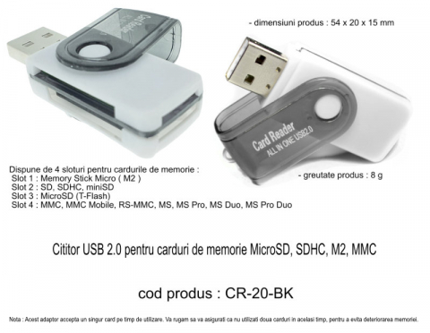 Cititor USB 2.0 pentru carduri de memorie MicroSD, SDHC, M2, MMC, cu capac rotativ, alb cu negru [4]
