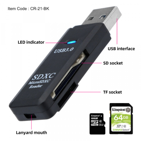 Cititor USB 3.0 pentru carduri SDXC si microSDXC , scriere, stocare si transfer date, indicator LED, cu capac, negru [4]
