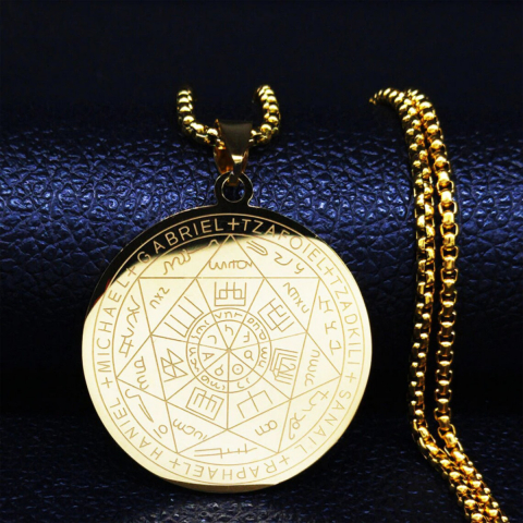 Colier cu pandativ medalion, talisman design simbolic Sigiliul Celor Sapte Arhangheli, SN-01G, din otel inoxidabil, auriu [3]