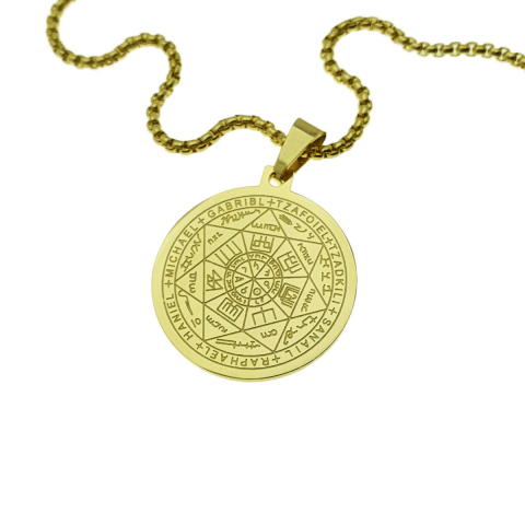 Moda Accesorii Haine - Colier cu pandativ medalion, talisman design simbolic Sigiliul Celor Sapte Arhangheli, SN-01G, din otel inoxidabil, auriu