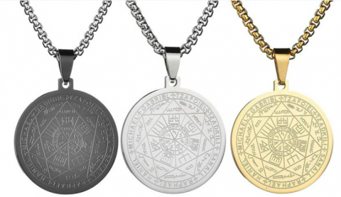 Colier cu pandativ medalion, talisman design simbolic Sigiliul Celor Sapte Arhangheli, SN-01S, din otel inoxidabil, argintiu [7]