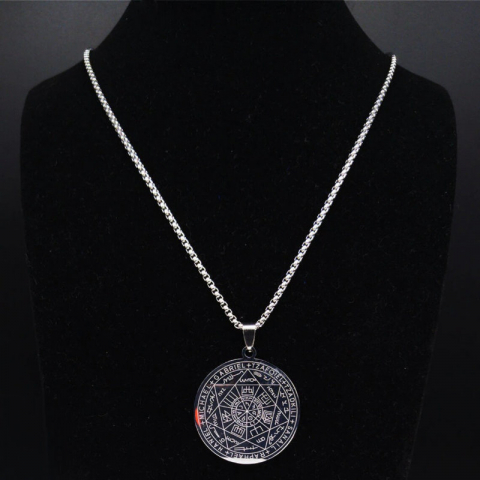 Colier cu pandativ medalion, talisman design simbolic Sigiliul Celor Sapte Arhangheli, SN-01S, din otel inoxidabil, argintiu [5]