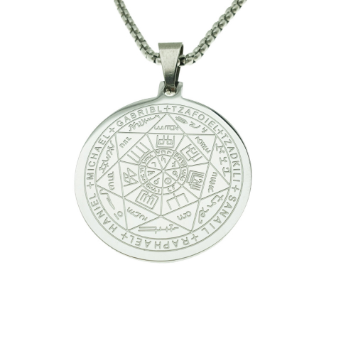 Moda Accesorii Haine - Colier cu pandativ medalion, talisman design simbolic Sigiliul Celor Sapte Arhangheli, SN-01S, din otel inoxidabil, argintiu