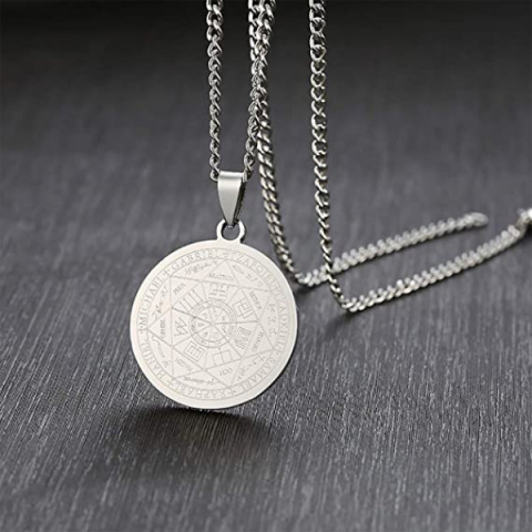 Colier cu pandativ medalion, talisman design simbolic Sigiliul Celor Sapte Arhangheli, SN-01S, din otel inoxidabil, argintiu [6]